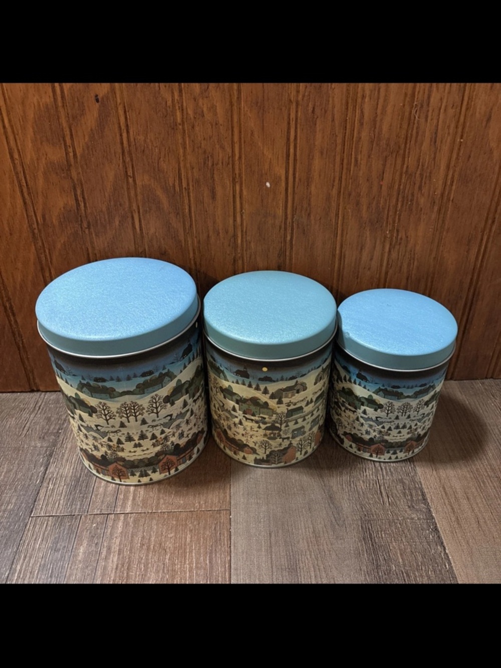 Set of 3 Decorative Tin Canisters in Light Blue